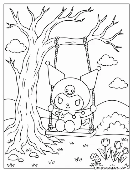 Kuromi on a Swing Hanging from a Dead Tree Coloring Page