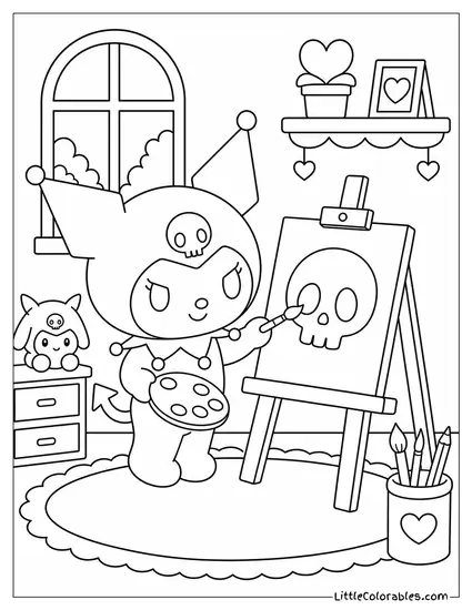 Kuromi Painting a Skull on a Canvas Coloring Page