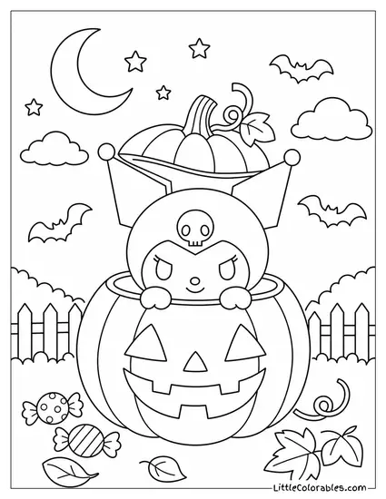 Kuromi Peeking Out of a Jack o Lantern Coloring Page