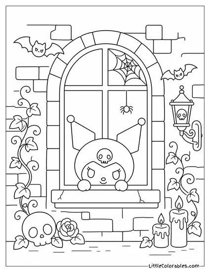 Kuromi Peeking Through a Haunted Window Coloring Page