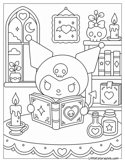Kuromi Reading a Spellbook by Candlelight Coloring Page