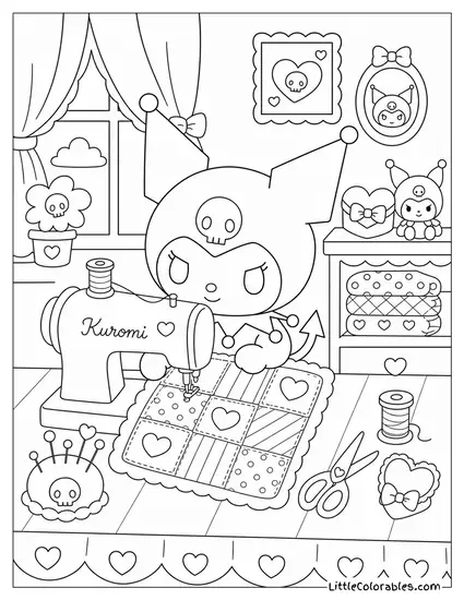 Kuromi Sewing a Tiny Black and Pink Quilt Coloring Page