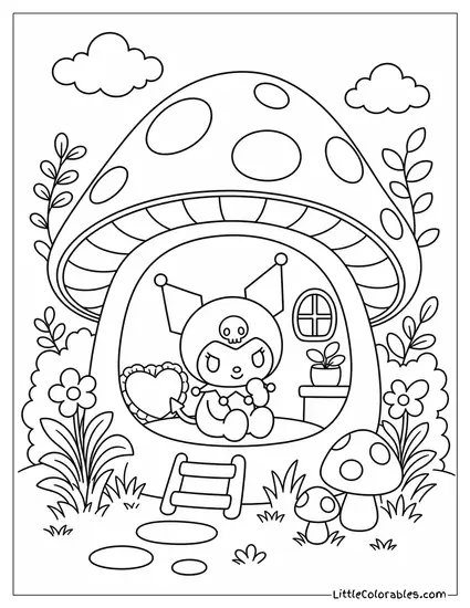 Kuromi Sitting Inside a Giant Mushroom Coloring Page