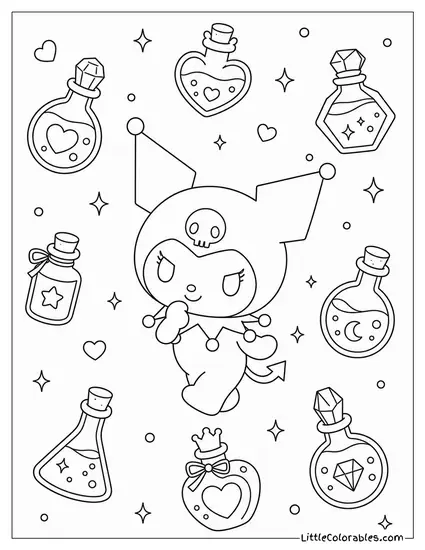 Kuromi Surrounded by Floating Potion Bottles Coloring Page