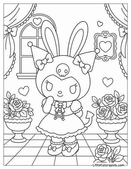 Kuromi Wearing Bunny Ears and a Dark Dress Coloring Page