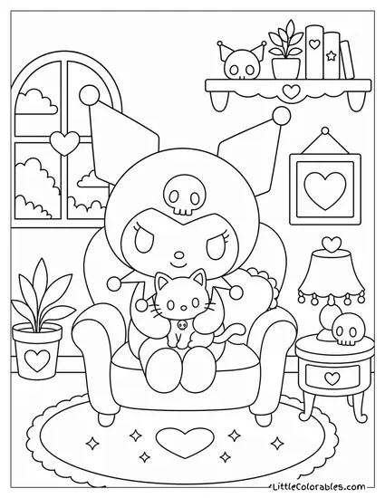 Kuromi with a Tiny Black Cat on Her Lap Coloring Page