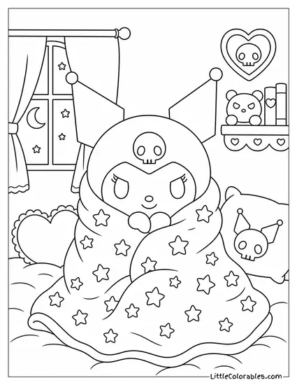 Kuromi Wrapped in a Star Covered Blanket Coloring Page