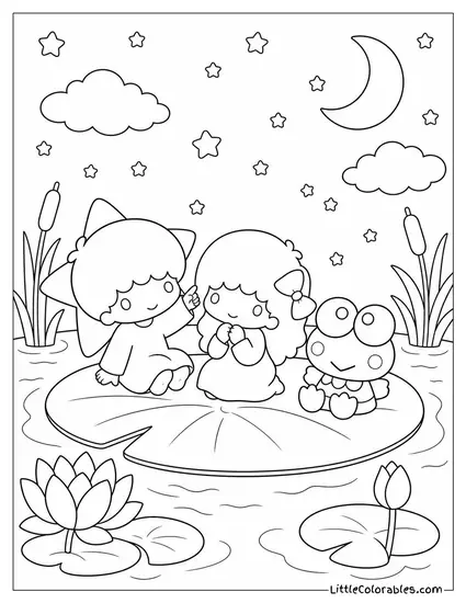 Little Twin Stars and Keroppi Stargazing From a Lily Pad Coloring Page