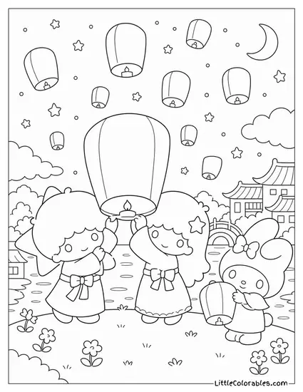 Little Twin Stars and My Melody Releasing Lanterns at Night Coloring Page