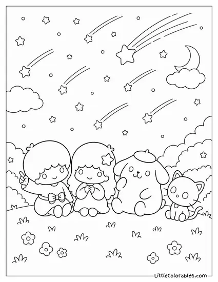Little Twin Stars and Pompompurin and Chococat Under a Meteor Shower Coloring Page