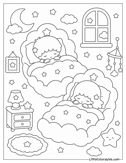 Little Twin Stars Asleep in Twin Cloud Shaped Beds Coloring Page