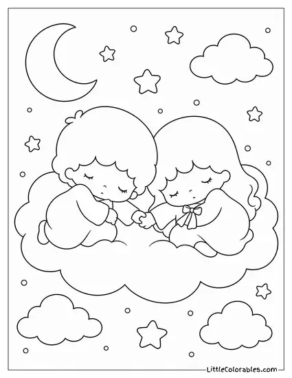 Little Twin Stars Asleep on a Cloud Holding Hands Coloring Page