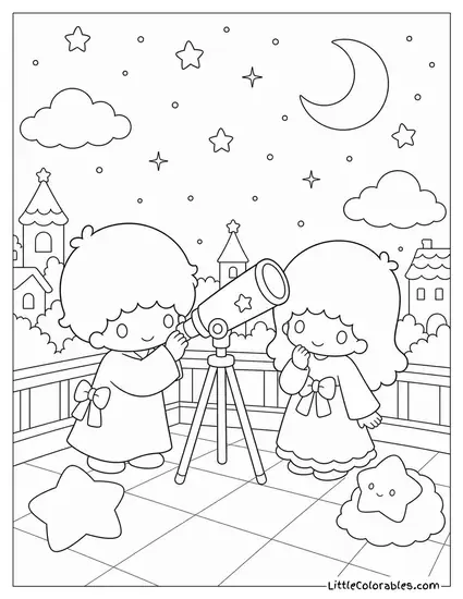 Little Twin Stars at a Tiny Telescope on a Rooftop Coloring Page