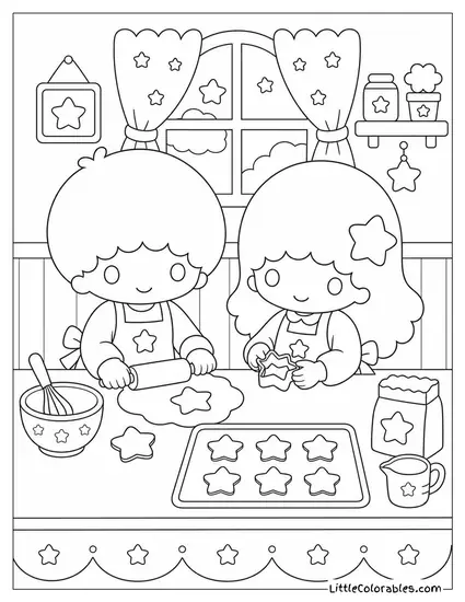Little Twin Stars Baking Star Shaped Cookies Together Coloring Page