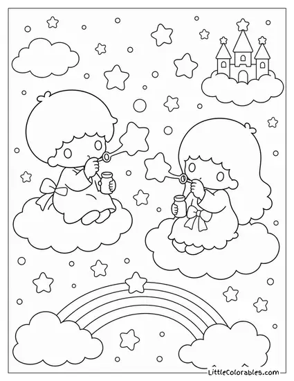 Little Twin Stars Blowing Star Shaped Bubbles Coloring Page