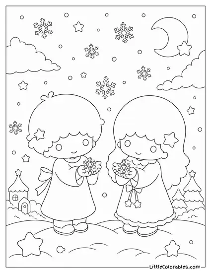 Little Twin Stars Catching Snowflakes in Their Palms Coloring Page