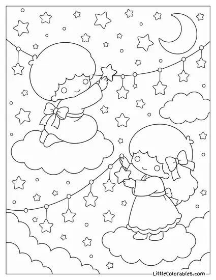 Little Twin Stars Decorating a Sky Full of Stars Coloring Page