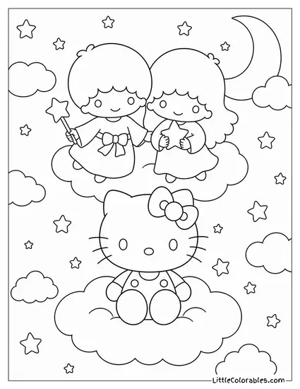 Little Twin Stars Floating Above Hello Kitty on a Cloud Coloring Page