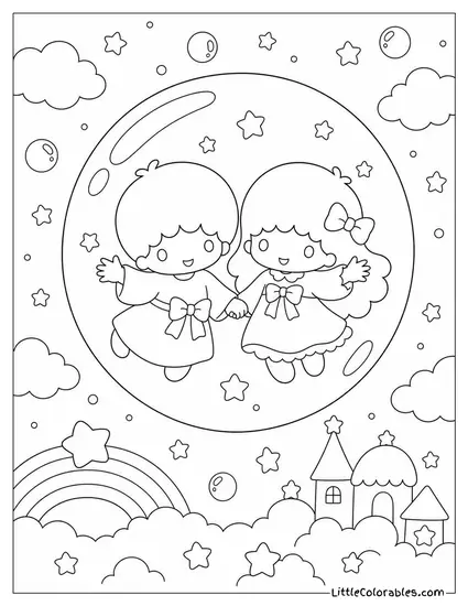Little Twin Stars Floating in a Giant Soap Bubble Coloring Page