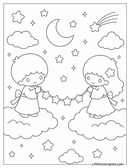 Little Twin Stars Holding Opposite Ends of a Star Garland Coloring Page