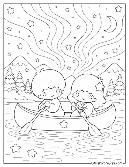 Little Twin Stars in a Canoe Under a Sky of Auroras Coloring Page