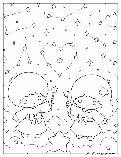 Little Twin Stars in a Constellation Map Holding Star Pins Coloring Page
