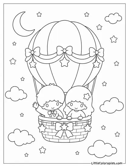Little Twin Stars in a Hot Air Balloon at Night Coloring Page