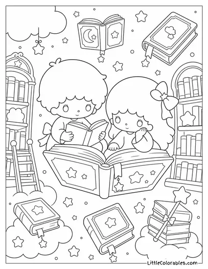 Little Twin Stars in a Library of Floating Storybooks Coloring Page