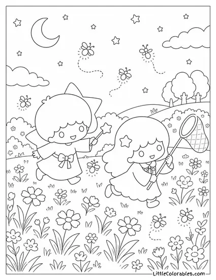 Little Twin Stars in a Meadow Chasing Fireflies Coloring Page