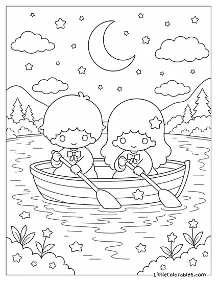 Little Twin Stars in a Rowboat on a Moonlit Lake Coloring Page