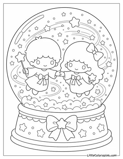 Little Twin Stars in a Snowy Globe Swirling with Stars Coloring Page