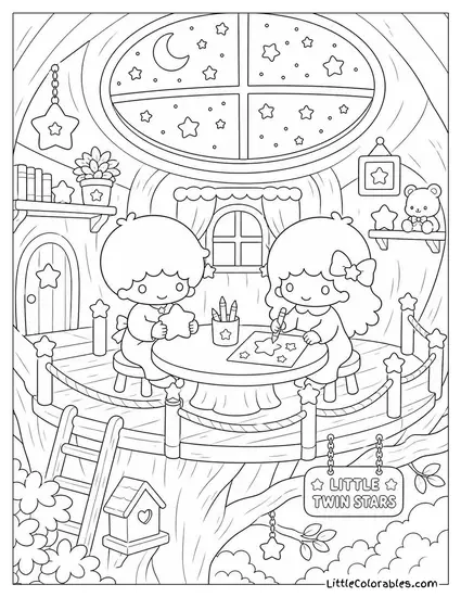 Little Twin Stars in a Treehouse with a Starry Skylight Coloring Page