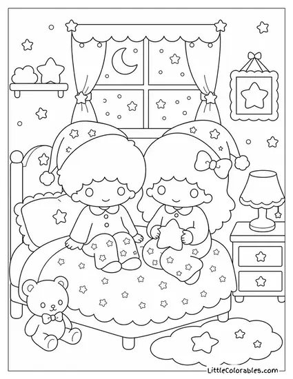Little Twin Stars in Matching Pajamas at Bedtime Coloring Page