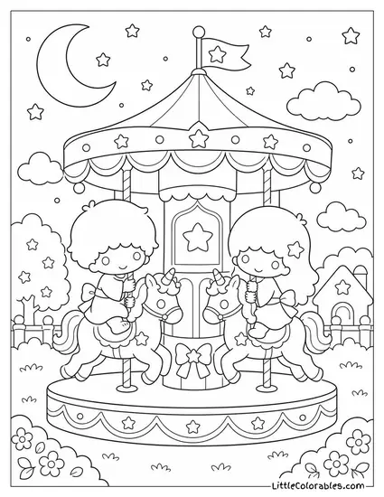Little Twin Stars on a Carousel Spinning Under the Moon Coloring Page