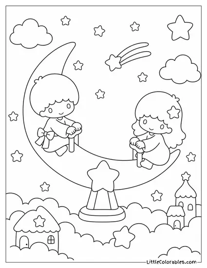 Little Twin Stars on a Crescent Moon Seesaw Coloring Page