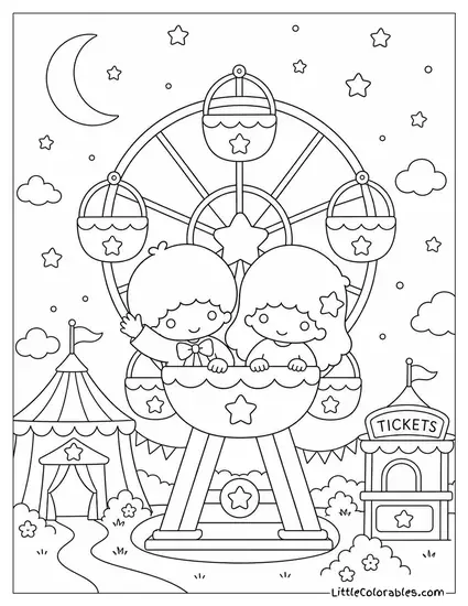 Little Twin Stars on a Ferris Wheel at a Night Fair Coloring Page