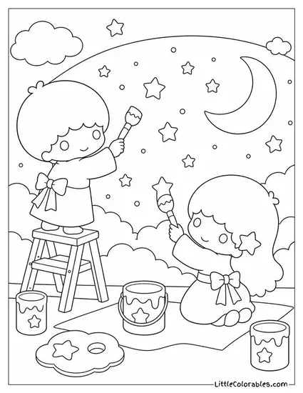 Little Twin Stars Painting a Night Sky Mural Together Coloring Page