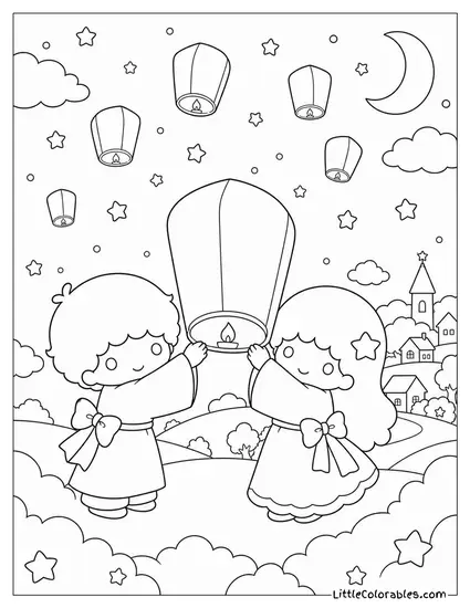 Little Twin Stars Releasing Paper Lanterns into the Sky Coloring Page