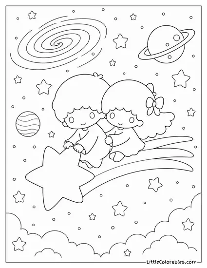 Little Twin Stars Riding a Comet Through the Galaxy Coloring Page