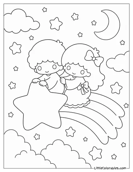 Little Twin Stars Riding a Shooting Star Together Coloring Page