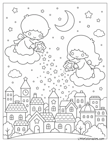 Little Twin Stars Sprinkling Stardust Over a Sleeping City Coloring Page