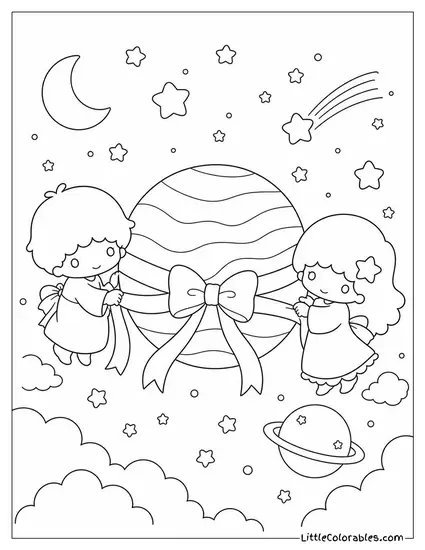 Little Twin Stars Wrapping a Planet with a Ribbon Coloring Page