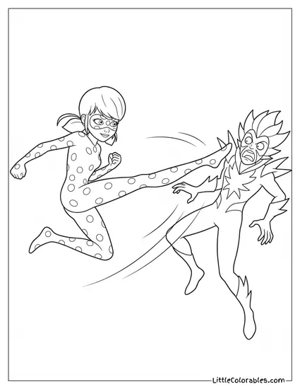 Miraculous Ladybug Aggressively Kicking an Evil Akumatized Villain Coloring Page