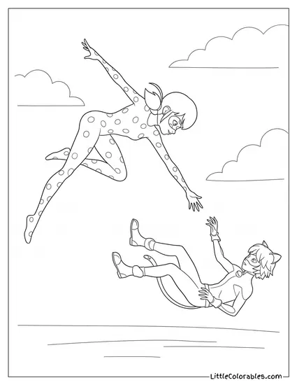 Miraculous Ladybug Diving Fast to Save Cat Noir Coloring Page
