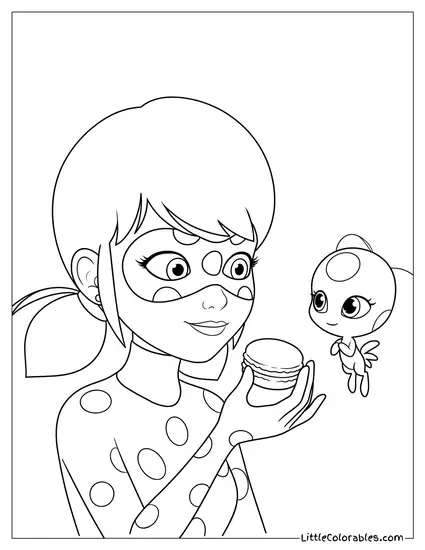 Miraculous Ladybug Feeding Tikki a Sweet Macaron Coloring Page