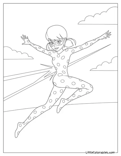 Miraculous Ladybug Jumping High Dodging a Laser Blast Coloring Page