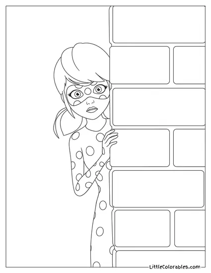 Miraculous Ladybug Nervously Hiding Behind a Brick Wall Coloring Page