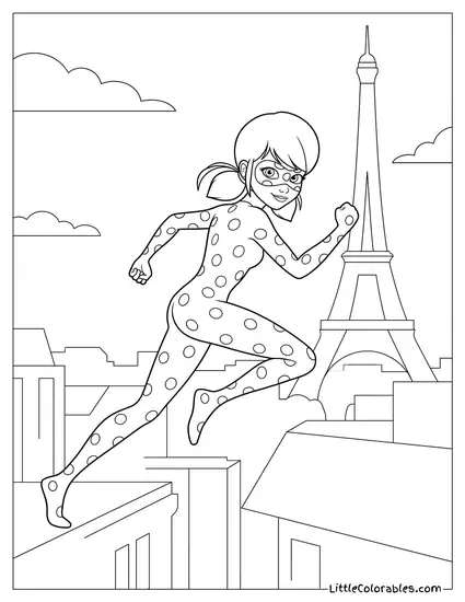 Miraculous Ladybug Running Fast Across Paris Rooftops Coloring Page