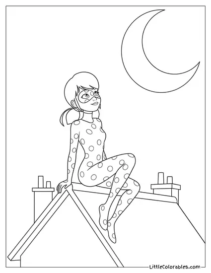 Miraculous Ladybug Sitting on Rooftop Looking at Moon Coloring Page