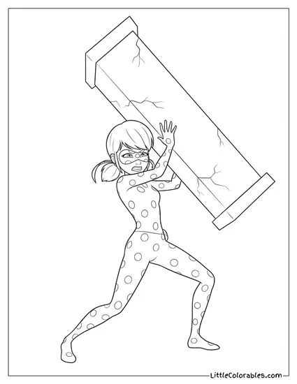 Miraculous Ladybug Struggling Holding Up Heavy Falling Pillar Coloring Page